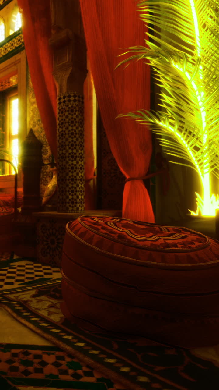 Seating area with colorful curtains and plants in a traditional moroccan space