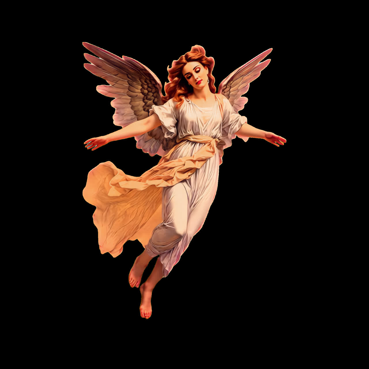 Graceful angelic figure floating animation isolated asset, transparent 4K video, alpha channel