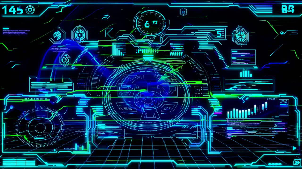 Futuristic HUD interface with neon blue and green graphics
