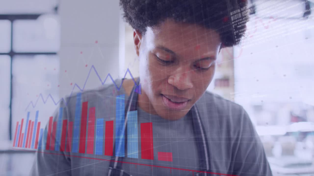 Animation of data processing over biracial male shop assistant smiling