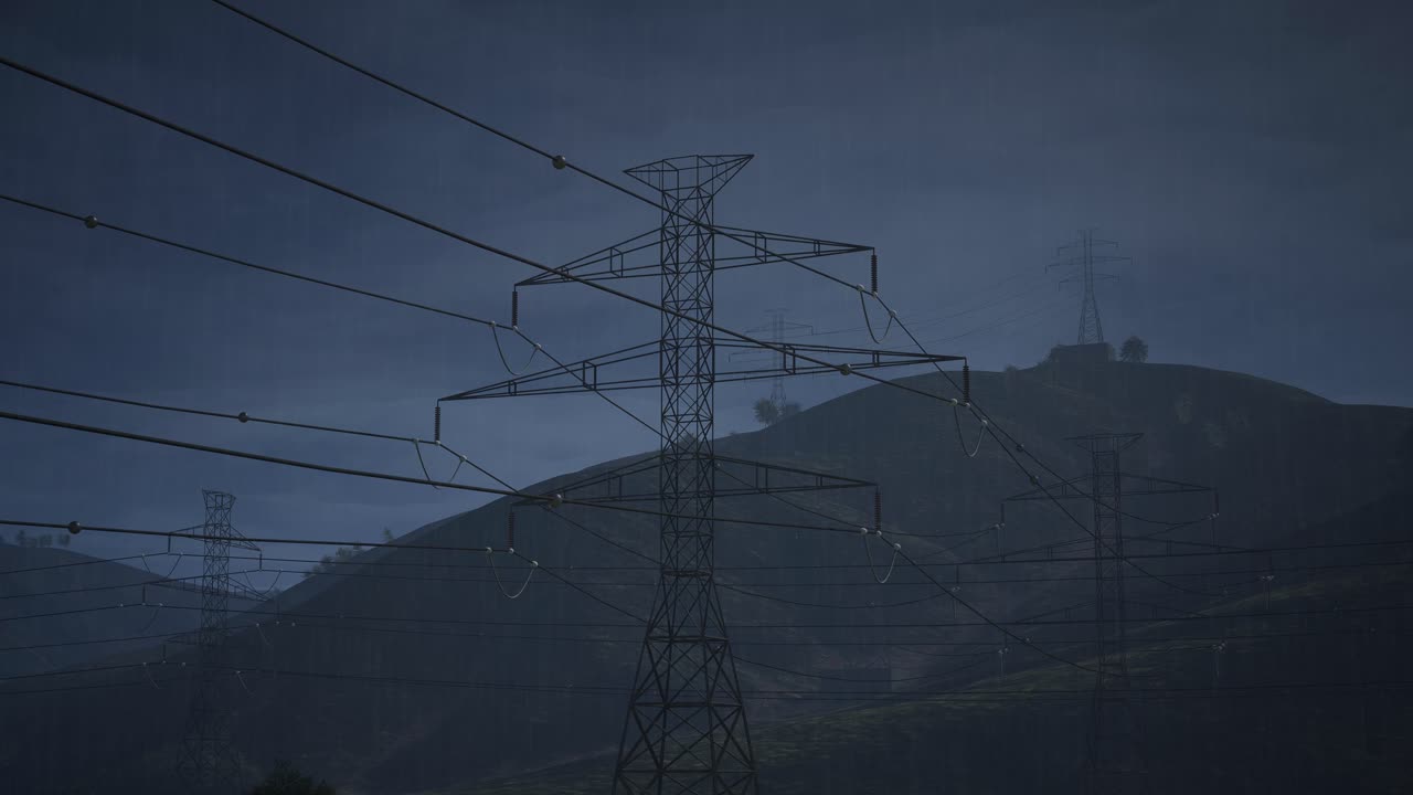 Rainy Night Power Lines Over Mountains