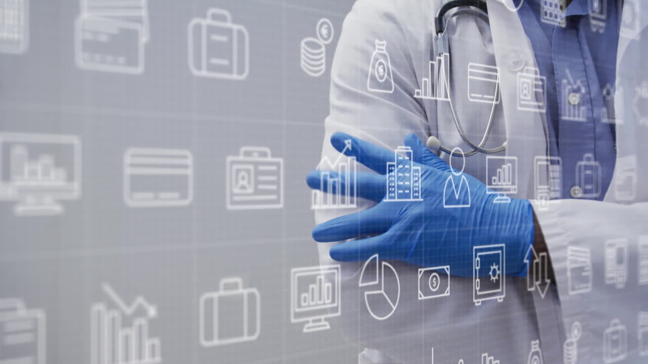 의료 장갑을 입은 두 인종의 여성 의사 위에 비즈니스 아이콘의 애니메이션