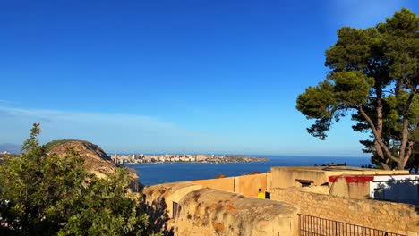 Balearic-Sea-from-above-Santa-Barbara-Castle-during-the-day-in-Alicante,-Spain-4K-30FPS