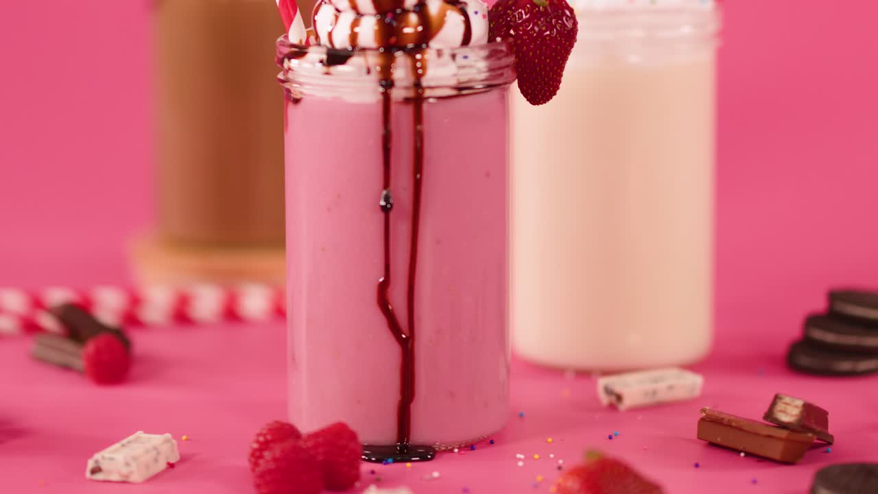 Close-up of colorful milkshakes with whipped cream, chocolate drizzle, and fruit, under bright studio lighting