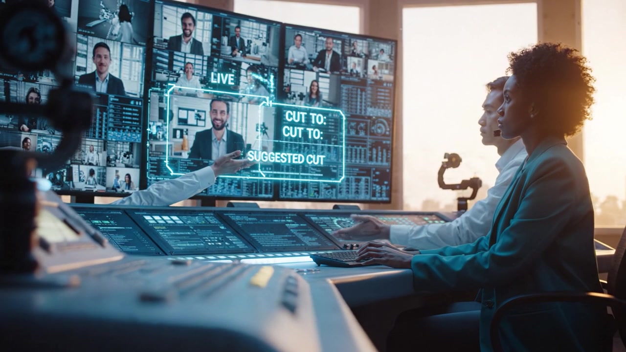 Advanced Control Room Operations with Multiple Monitors Displaying Data and Video Conferencing, Showcasing a Team at Work During Critical Situations