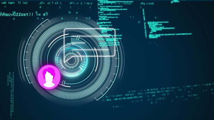 Animation of round scanner and data processing against blue background