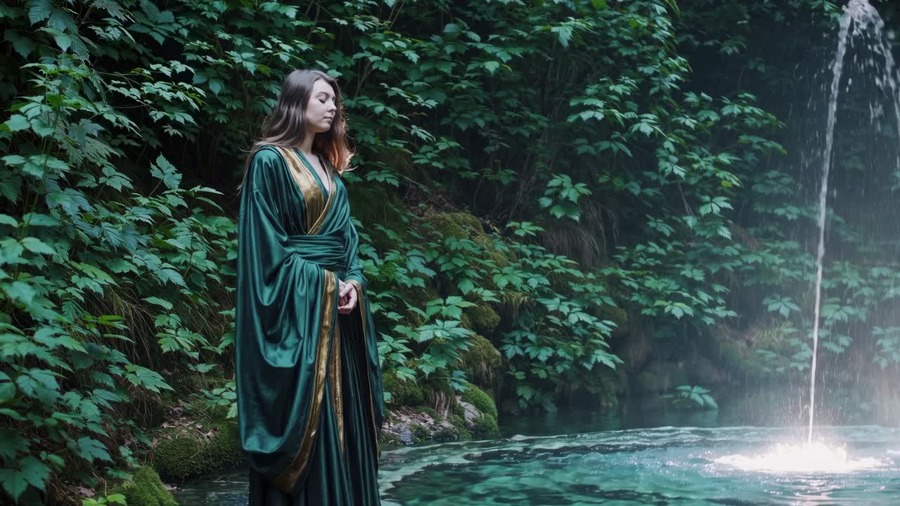 Enigmatic figure in flowing green robe stands by serene water, surrounded by lush foliage, capturing a moment of tranquility and reflection in nature's embrace