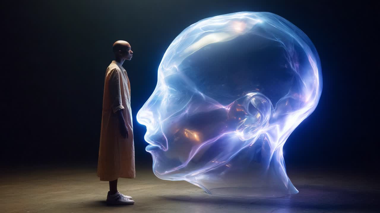 A futuristic encounter unfolds as a figure stands in awe before a large translucent head sculpture, symbolizing the intersection of humanity and technology in a captivating visual representation