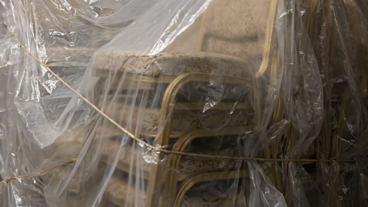 Stacked Banquet Chairs Covered in Plastic Wrap in Storage