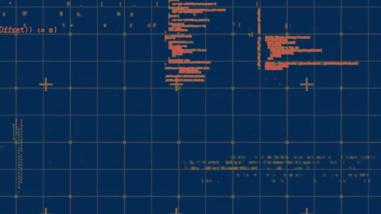 Animation of data processing over grid on blue background