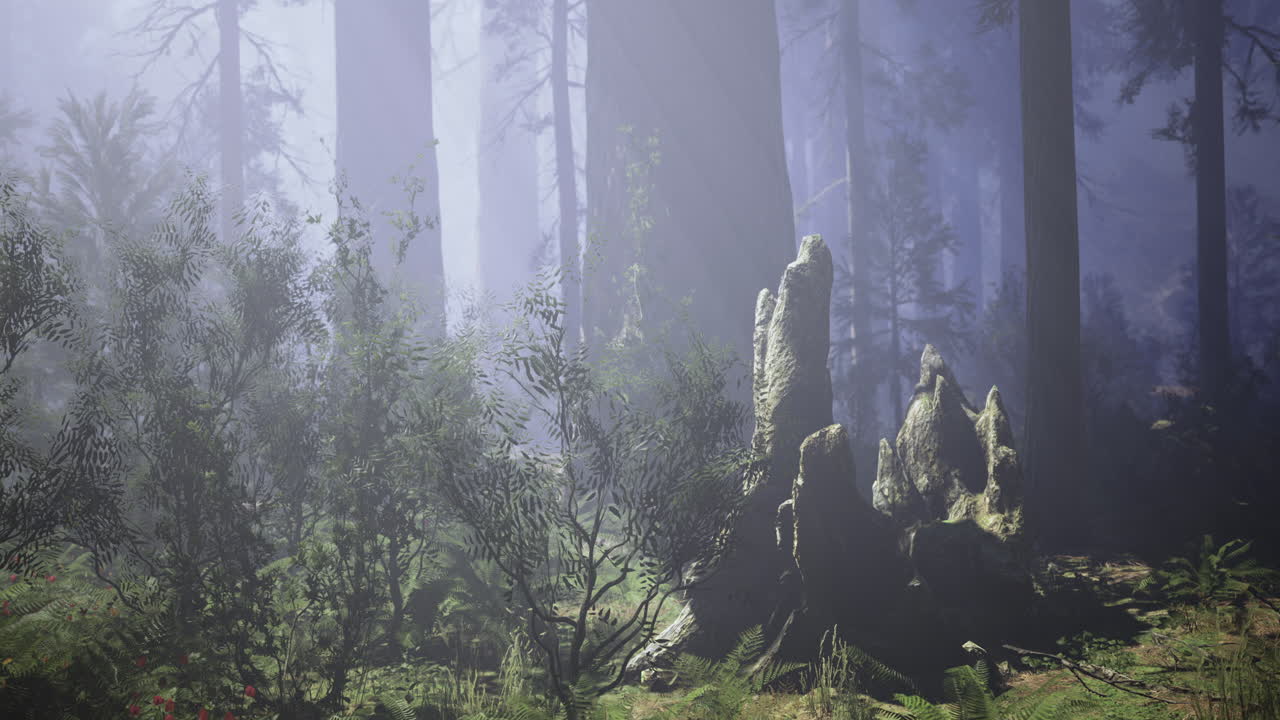 Mysterious forest landscape with fog and towering trees at dawn
