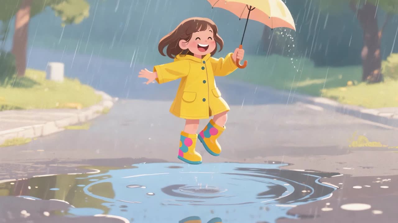 Girl jumping in puddles with rain boots