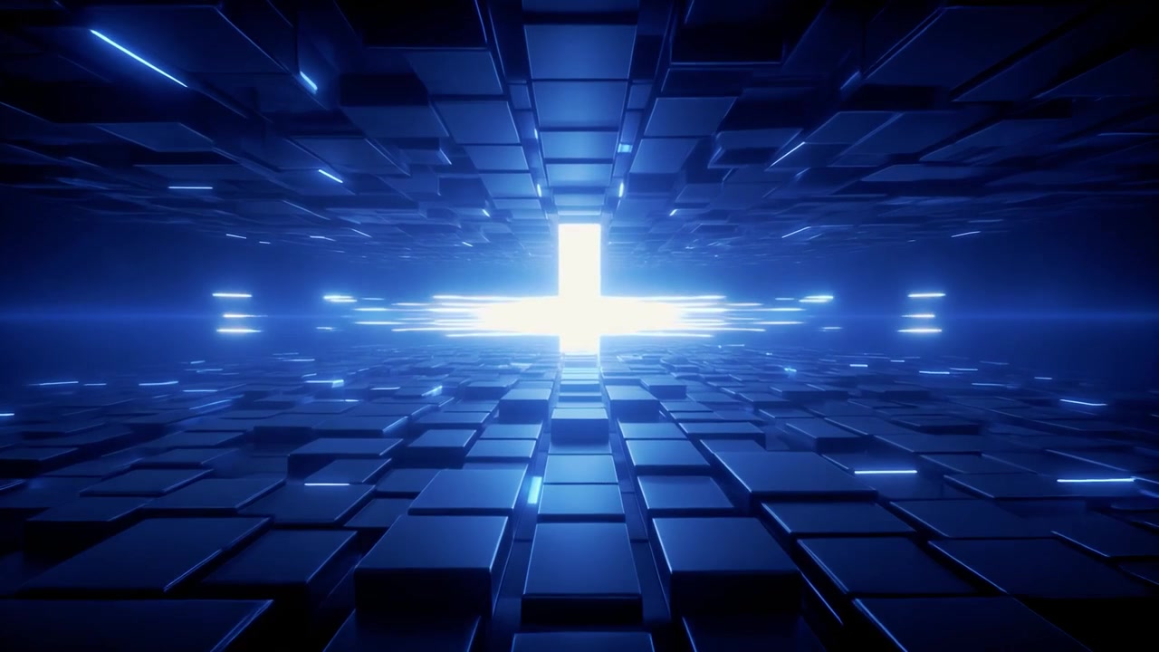 Abstract Digital Tunnel with Glowing Blue Geometric Cubes
