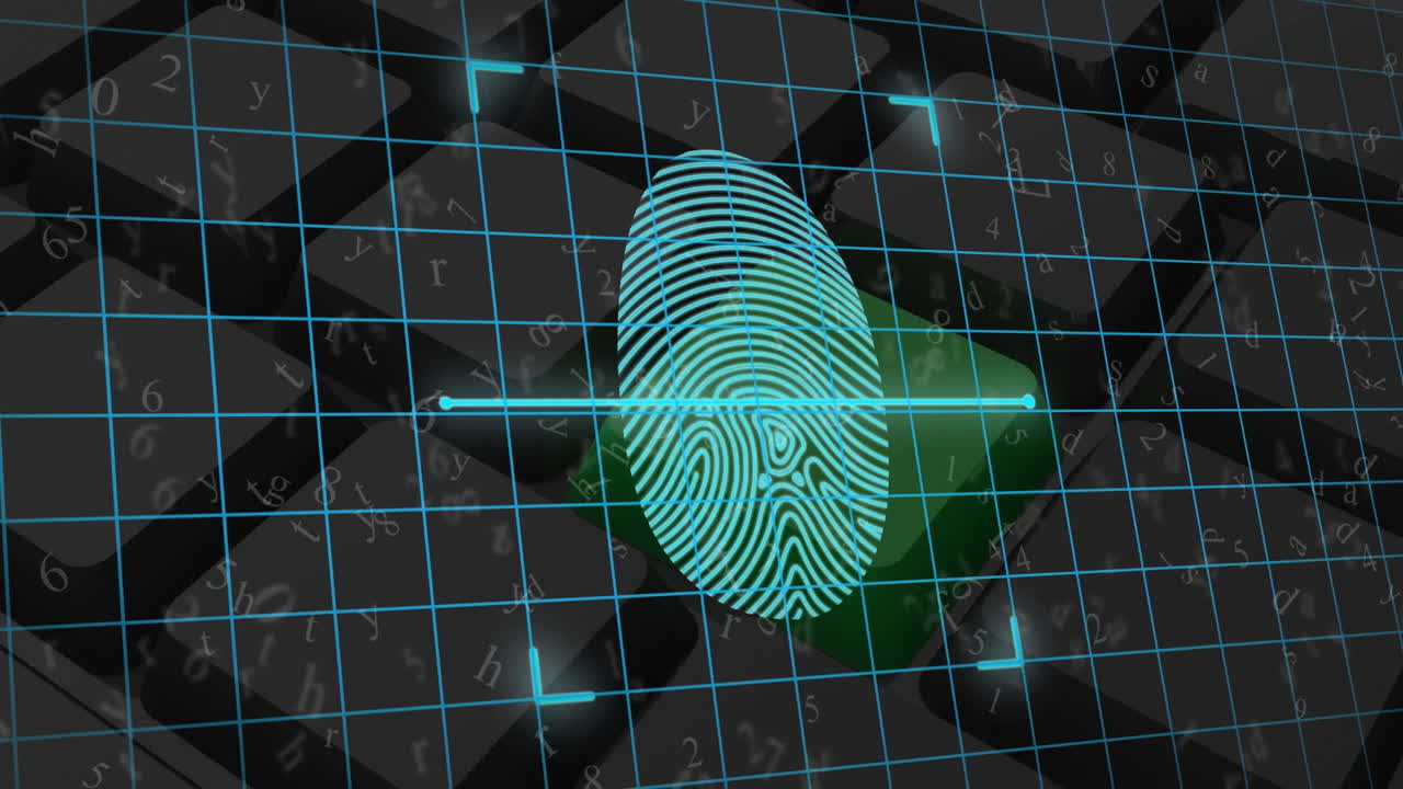 animación del procesamiento de datos y huellas dactilares sobre el teclado.
