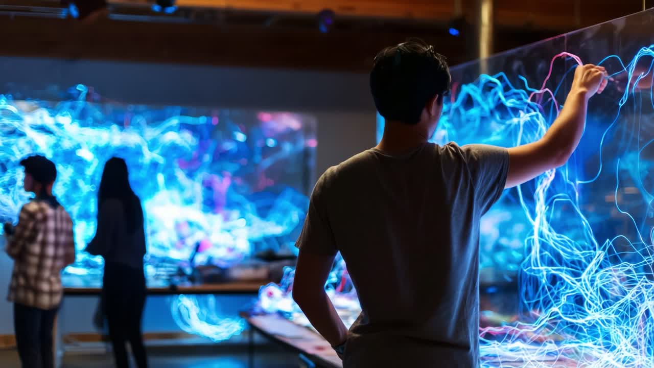 Engaging in an Artistic Exploration of Light and Color Through Creative Expression with Luminous Patterns in a Modern Interactive Space