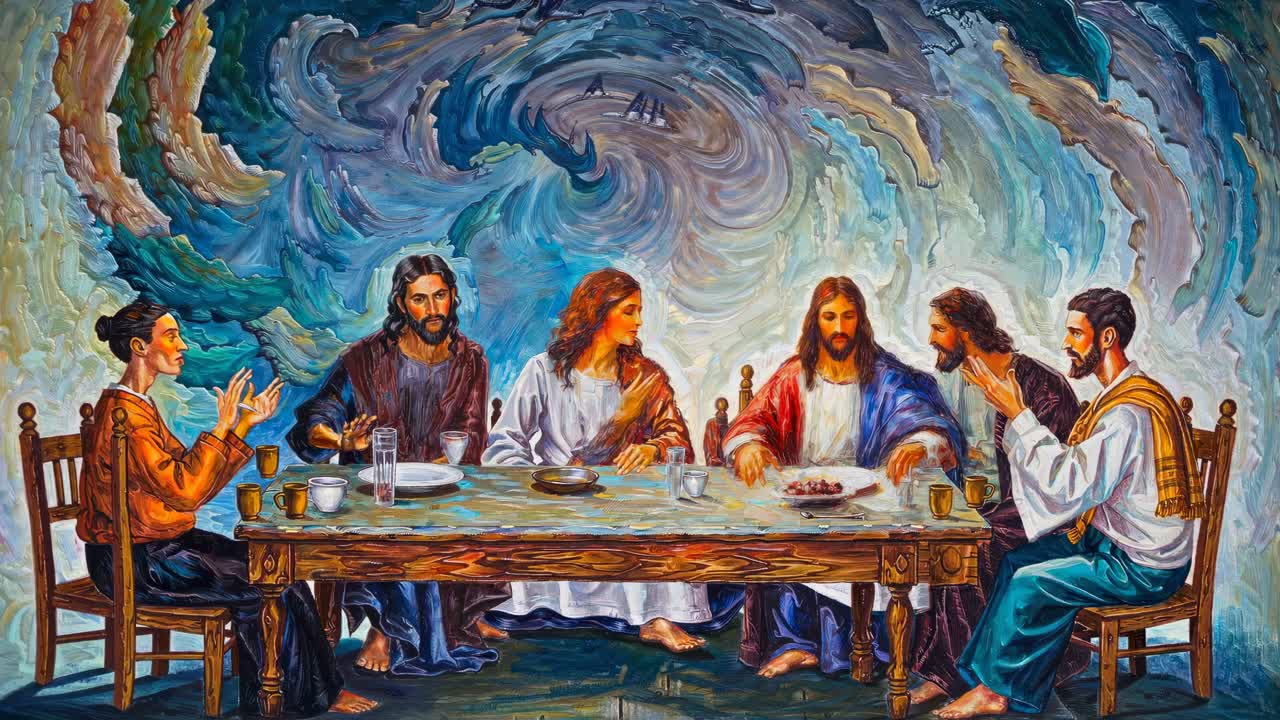 Vibrant, swirling painting of a biblical scene with five figures at a table