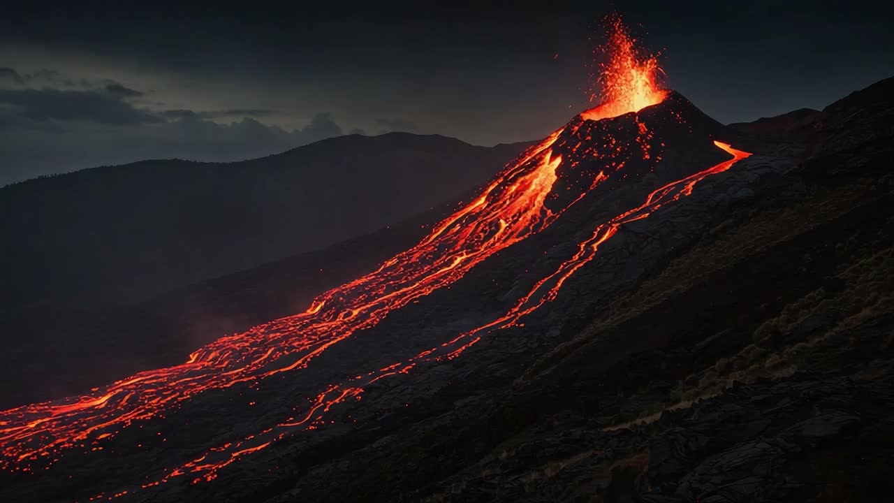 Eruzione maestosa: una dimostrazione mozzafiato della potenza della natura, che cattura il flusso di lava infuocata e la cenere eruttata da una catena montuosa vulcanica sullo sfondo di un cielo spettacolare