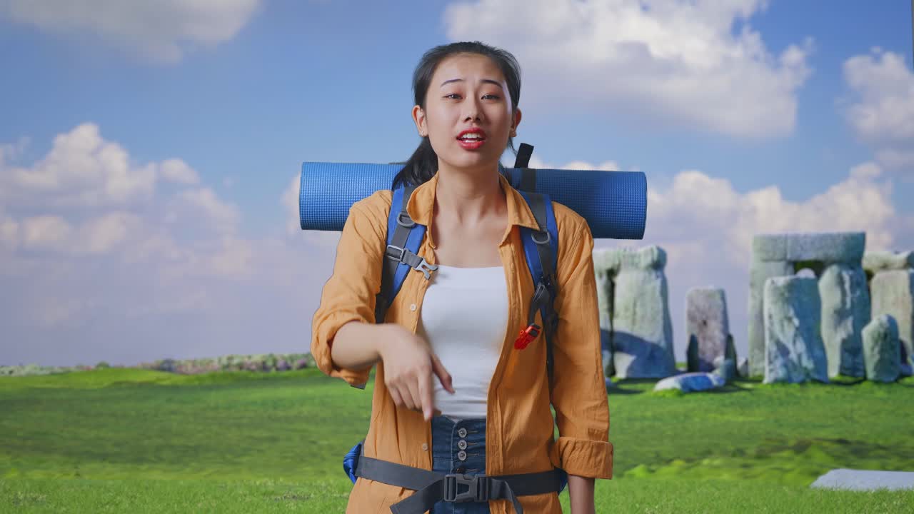 Asian Female Hiker With Mountaineering Backpack Making Unsatisfied Face And Shouting Someone While Traveling In Stonehenge