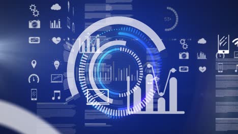 Animation-of-scope-scanning-and-data-processing-with-digital-icons-over-blue-background