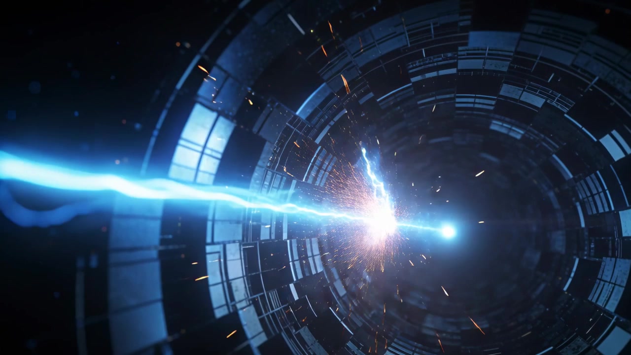Emissione di un impulso sinistro, un raggio di plasma colpisce un nodo focale all'interno di un tunnel anulare, caricando il nucleo.