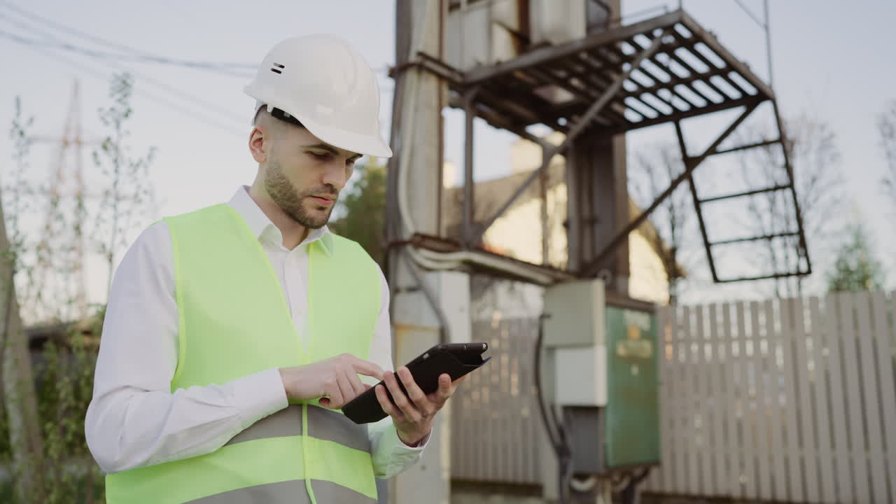 Engineer Inspecting Electrical Infrastructure with Tablet