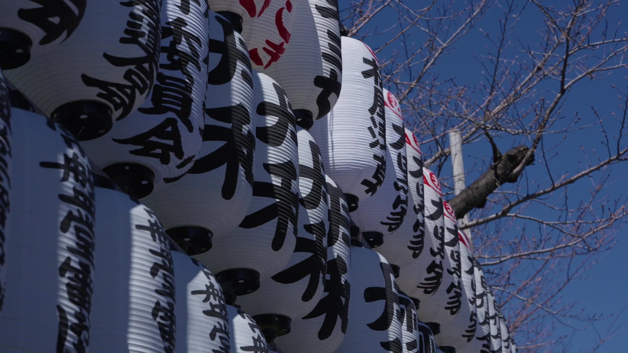 File di lanterne di carta bianche con calligrafia kanji nera contro un cielo blu in un santuario giapponese.
