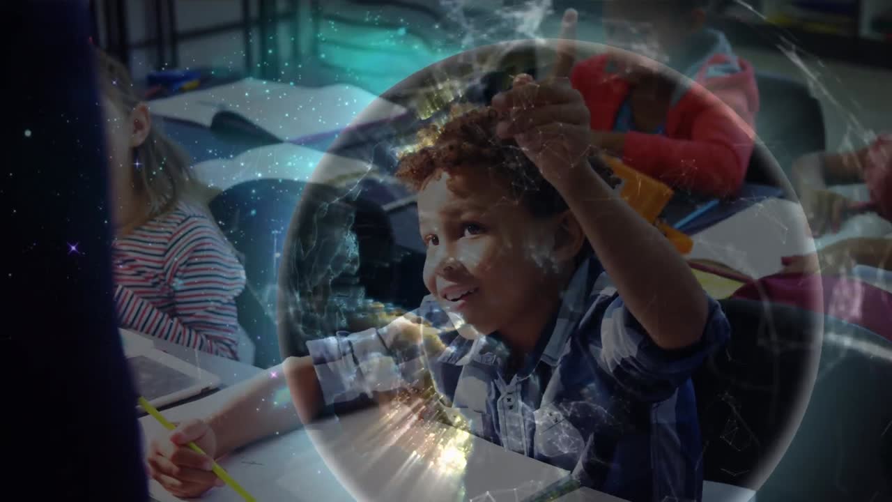 animación de redes de conexiones y globo sobre diversos escolares en el aula