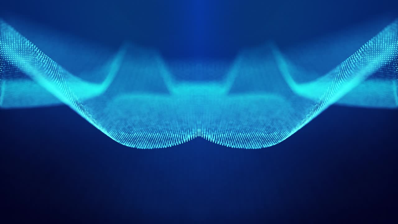 Sci-fi abstract theme with particle waves. 4k looped abstract blue background of glow particles form curved lines, surfaces simmetrical structures. Digital background with particle hologram.