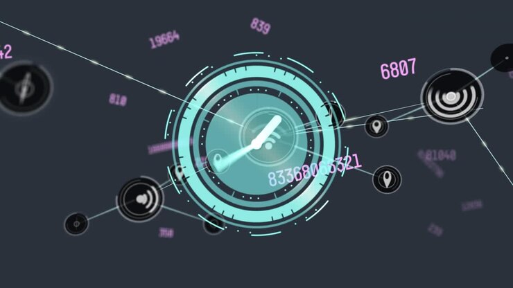 Animation of network of connections with icons over clock on abstract clock