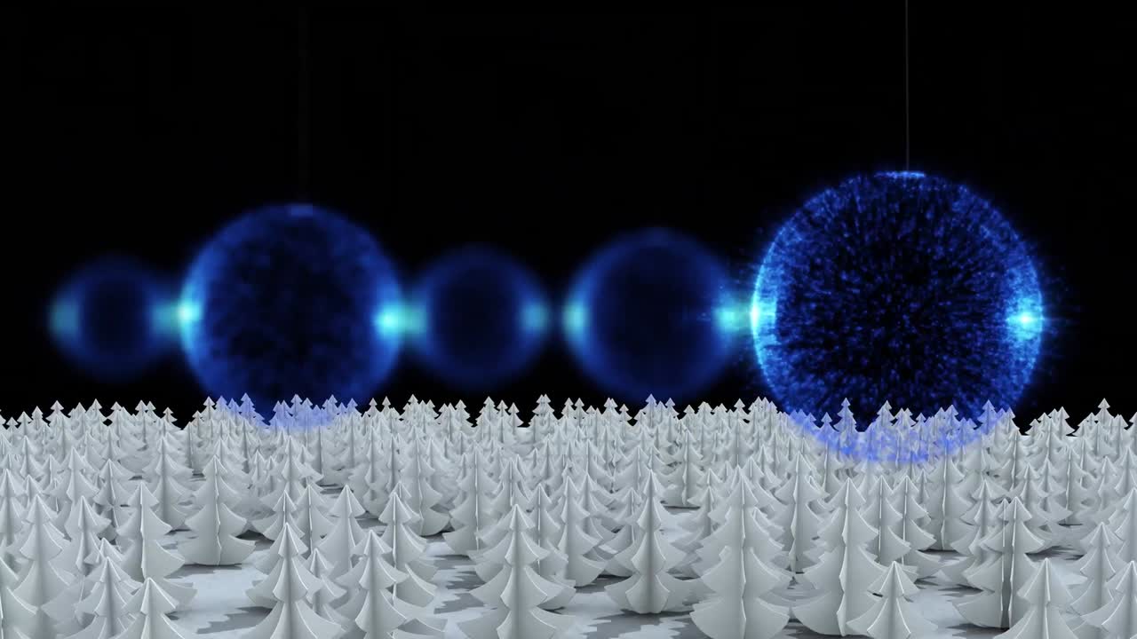 Animation of blue christmas baubles falling over white christmas trees