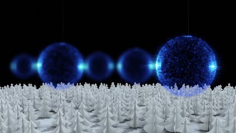 Animation-of-blue-christmas-baubles-falling-over-white-christmas-trees