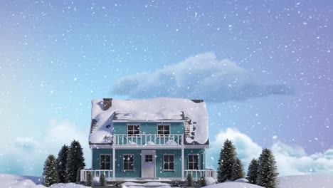 Animación-De-Nieve-Cayendo-Sobre-Una-Casa-En-Un-Paisaje-Invernal.