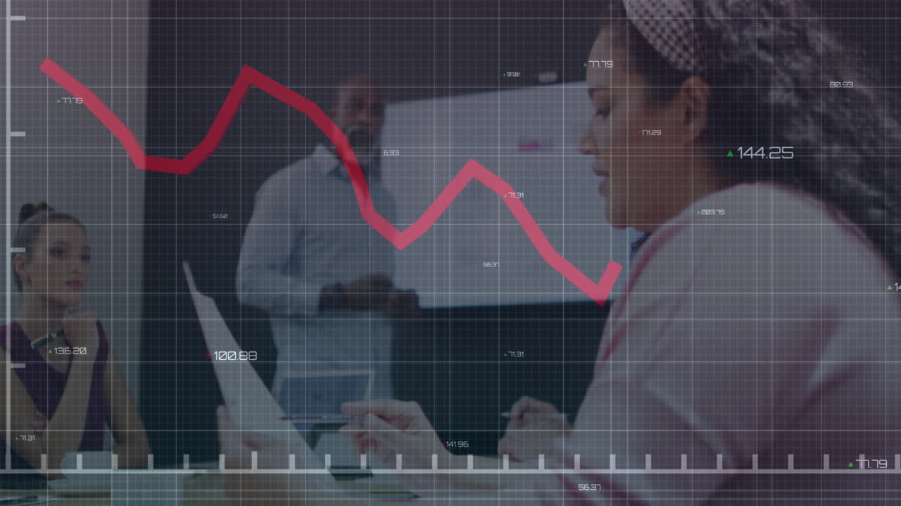 Animation of financial data processing over diverse business people in office