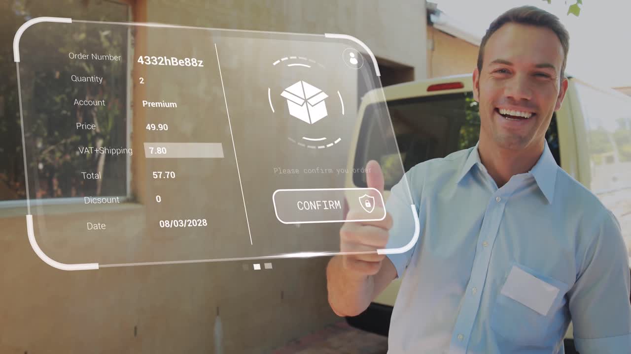 animación de la interfaz digital con procesamiento de datos sobre el hombre de entrega caucásico tomando notas
