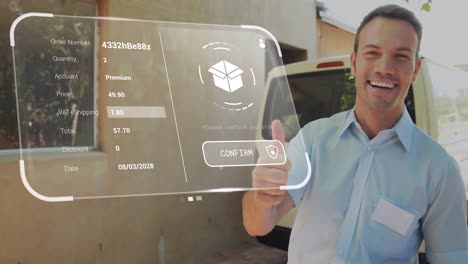 animación de la interfaz digital con procesamiento de datos sobre el hombre de entrega caucásico tomando notas