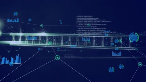 Animation-of-dna-strand-spinning,-statistics-and-data-processing-over-blue-background