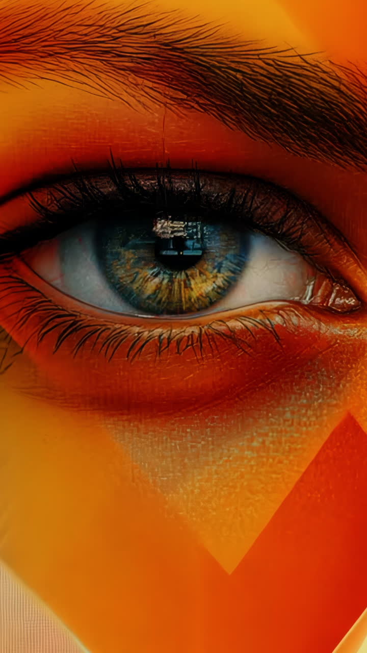 A colorful abstract painting of a woman's eye with a blue iris. The painting is full of bright colors and has a sense of movement