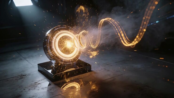 Glowing inner rings activating polished ring on pedestal, emitting golden spiral across dim studio