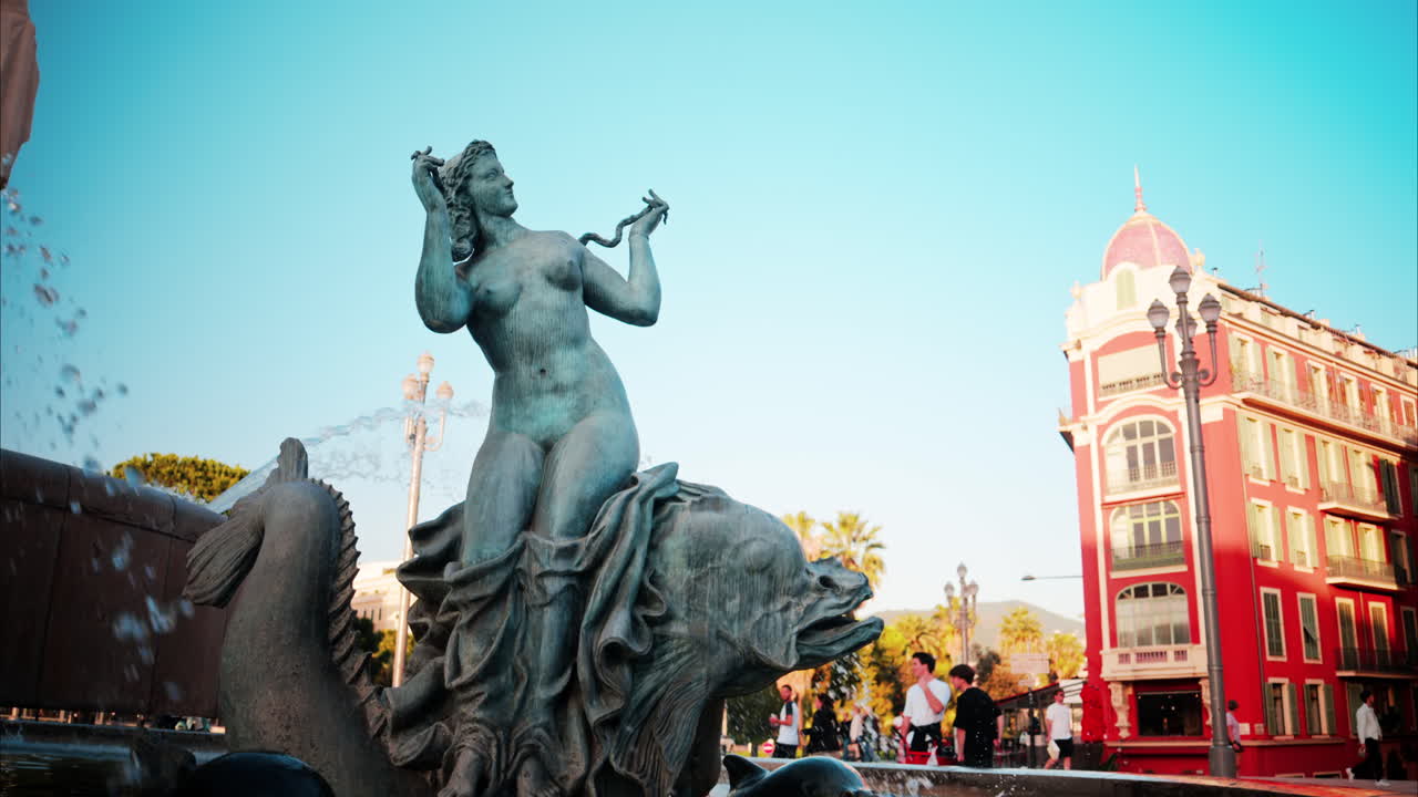 Nice, France - October 8, 2024: View of the Fontaine du Soleil at Place Massena in daylight