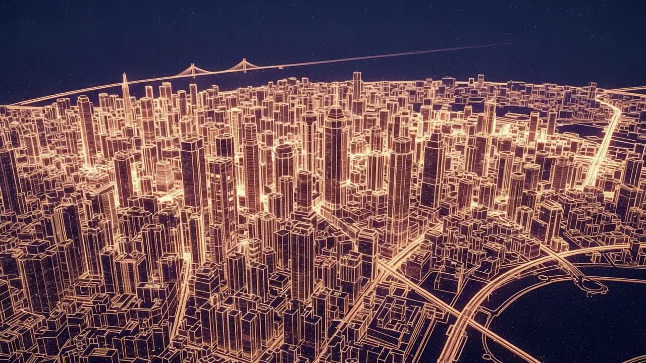 A Stunning Aerial View of a Futuristic Cityscape Rendered in Luminous Lines, Showcasing an Intricate Network of Skyscrapers and Urban Energy
