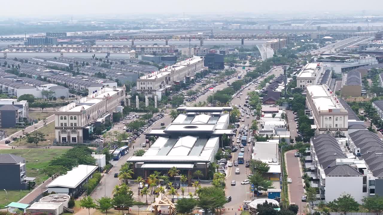 Panoramic View Of By The Sea Shopping District at Golf Island PIK Shopping Mall In Kamal Muara, Jakarta, Indonesia. Aerial Drone Shot
