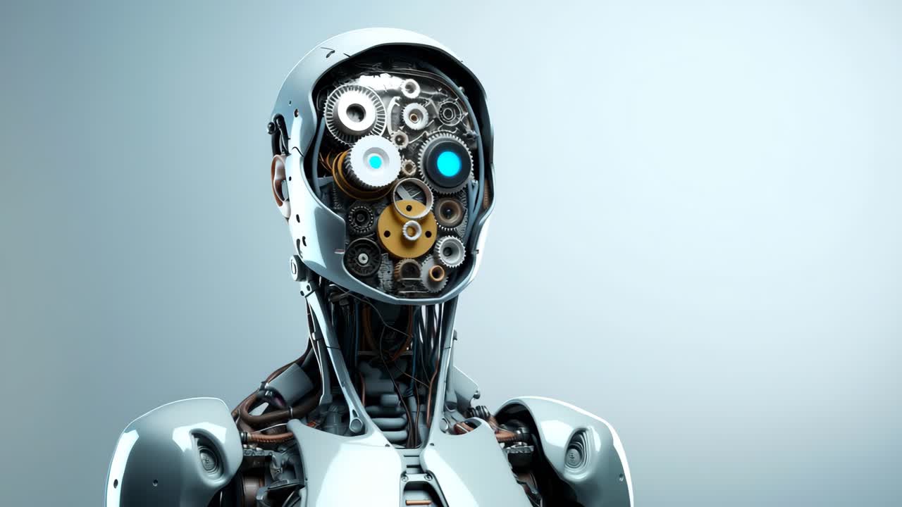Açıkta duran dişlileri olan, bulanık bir figüre karşı konumlandırılmış fütüristik robotun profil görünümü.