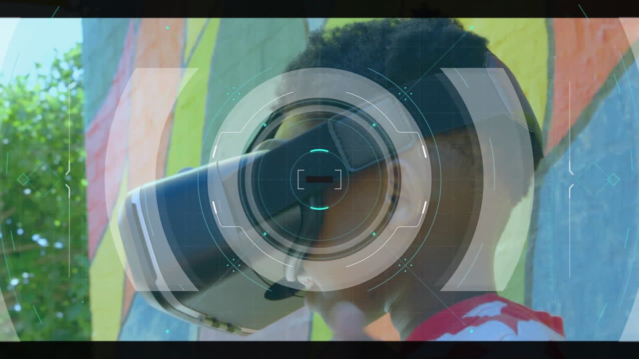 animazione della scansione dello scopo e dell'elaborazione dei dati su un ragazzo che indossa un auricolare vr