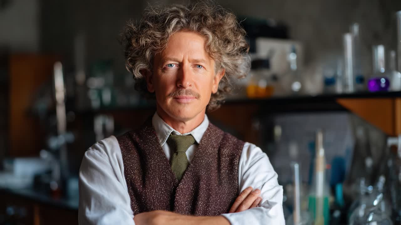 Uno scienziato riflessivo in un laboratorio con capelli ricci e un'espressione preoccupata, che mostra strumenti di chimica e attrezzature scientifiche dietro di lui