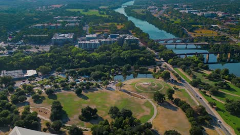 Aerial-view-of-Doug-Sahm-Hill-Summit-and-Colorado-River-in-Austin,-Texas