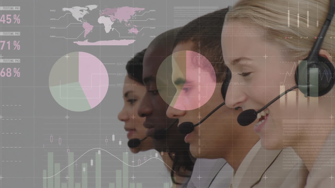 Animazione di statistiche su persone d'affari che utilizzano cuffie telefoniche
