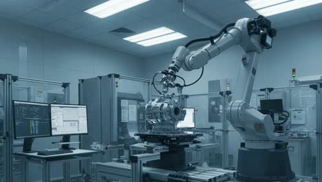 advanced robotic automation in a high-tech manufacturing laboratory, showcasing a precision robotic arm working with machine components and monitors displaying data