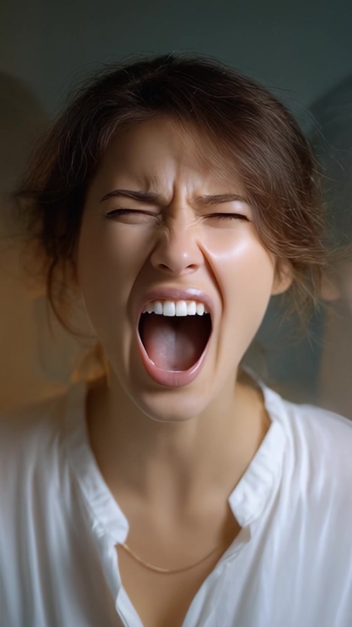 Sfogo emotivo espressivo: la reazione autentica di una donna catturata nel tempo, che coglie l'intensità dell'emozione umana attraverso un potente urlo vocale.