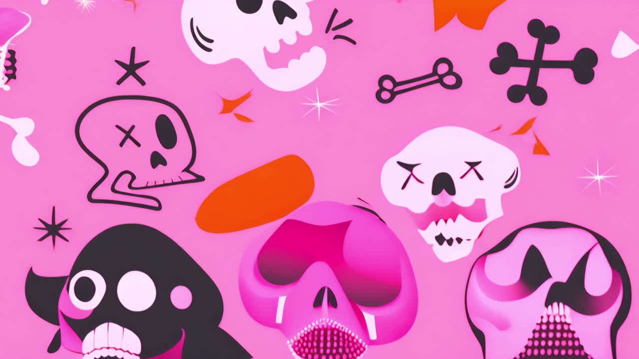 Colorful skulls and bones animation over pink background with various shapes