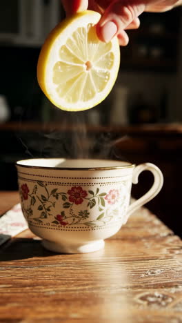 hand adding lemon slice to steaming tea